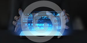 Futuristic Touchscreen Interface with Digital Data Visualization and Analytics Dashboard