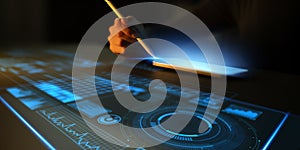 Futuristic Touchscreen Interface with Digital Data Visualization and Analytics Dashboard