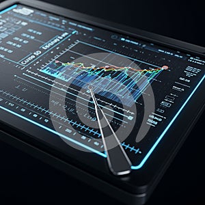 Futuristic touchscreen interface displaying complex data analytics, with graphs