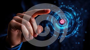 Futuristic touchscreen interface with holographic technology and human interaction