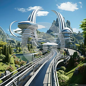 Futuristic town with swirling vortexes and chrome-plated buildings