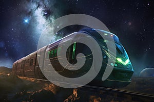 futuristic train, with alien passengers speeding through the starry night sky