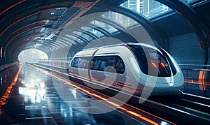 A futuristic train cabin levitates through a tunnel.