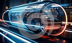 A futuristic train cabin levitates through a tunnel. A hyperloop capsule with a fully self-driving system.