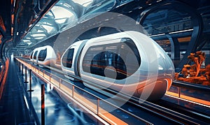 A futuristic train cabin levitates through a tunnel. A hyperloop capsule with a fully self-driving system