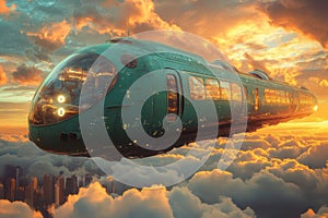 A futuristic train is flying through the sky