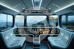 Futuristic Train Cabin Interior: Modern Transportation Design with Digital Displays