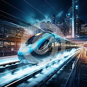 Futuristic Train Propelled by Magnetic Levitation in a Vibrant Metropolis
