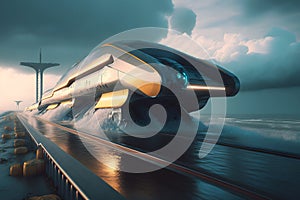 Futuristic train rides on water. Neural network AI generated