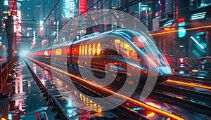 Futuristic train rolling through city on electrified tracks at night
