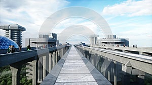 Futuristic train station with monorail and train. traffic of people, crowd. Concrete architecture. 3d rendering