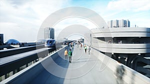 Futuristic train station with monorail and train. traffic of people, crowd. Concrete architecture. Future concept