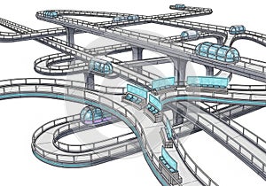 Futuristic transit system with multiple elevated tracks interconnected in a complex network. The