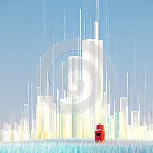 Futuristic translucent city skyline and red toy robot in blue grass. psychedelic 3d render