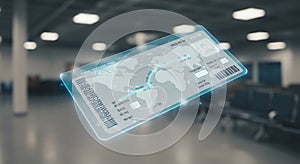 Futuristic Smart Boarding Pass Hologram in Airport Lounge