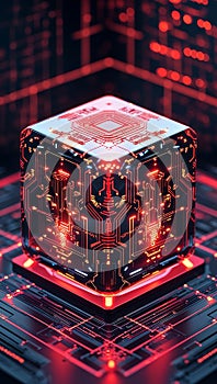 Futuristic Transparent Cube with Glowing Red and Orange Circuit Patterns