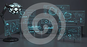 Futuristic transparent digital interfaces with data visualizations in a technology lab