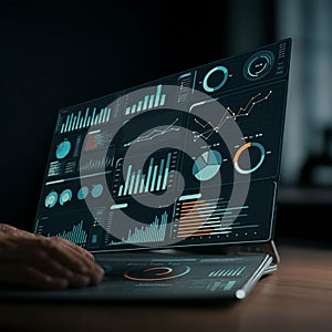 Futuristic transparent display showing interactive digital data analytics. Multiple