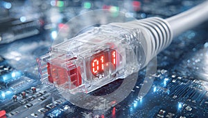 Futuristic transparent ethernet cable with glowing red digital display showing 01 01 binary code, clear plastic RJ45