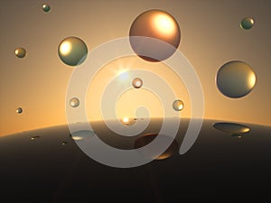 Futuristic transparent Spheres in Front of the Sun