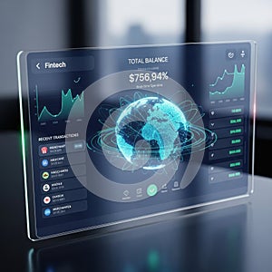 Futuristic transparent tablet displaying global financial data and analytics