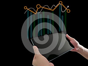 Transparent Tablet with Business Growth Chart and Upward Trend Arrow