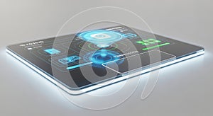 Futuristic transparent touchscreen device with glowing blue interface and data visualization