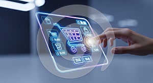 Futuristic transparent touchscreen interface with hand interaction technology innovation