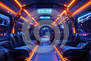 Futuristic transport interior sci-fi setting high-tech environment neon glow immersive viewpoint concept of modern photo