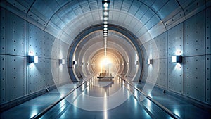 Futuristic transportation corridor a conveyance system in a modern, high-tech tunnel with bright lighting. Generative AI photo