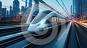 A futuristic travel banner showcasing a high-speed train in a modern city