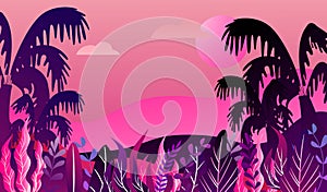 Futuristic tropical landscape with palm trees and plants, neon sunset in style of 80s, purple night background retro