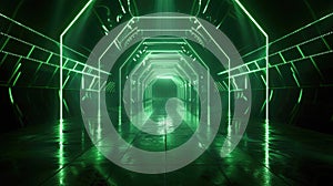 Futuristic tunnel background, dark garage with lines of green neon light, interior of abstract modern hall or warehouse. Concept