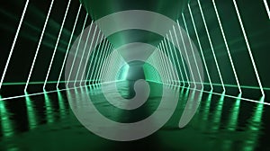 Futuristic tunnel background, perspective of dark garage with lines of green neon light, interior of abstract modern hall or