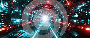 Futuristic tunnel with digital data, abstract tech background. Perspective view of cyber space, dark virtual corridor with neon