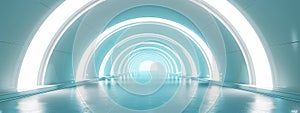 A futuristic tunnel with light blue walls and white lights, creating an atmosphere of innovation and modernity photo