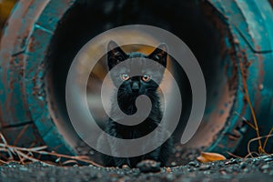 Futuristic tunnel setting black cat with yellow eyes in dark atmosphere, copy space available