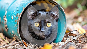 Futuristic tunnel setting black cat with yellow eyes in dark environment, copy space available
