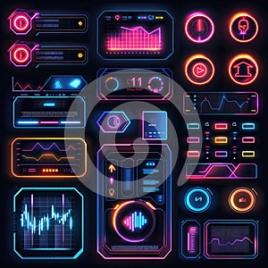 A futuristic UI dashboard design icon set, including analytics c