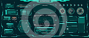 Futuristic ui elements. Sci-fi digital frames, arrows, callout titles, optical aim. Abstract cyberpunk virtual hud photo