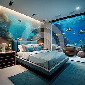 A futuristic underwater-themed bedroom with a wall mural of the ocean and aquatic-inspired decor5 photo