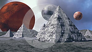 Futuristic unidentified flying object and pyramid