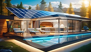 futuristic universal smart home with rooftop solar panel system for renewable energy concept.