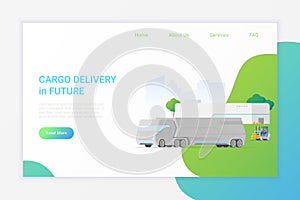 Futuristic unmanned self-driving Truck car vehicle near warehouse Future Cargo Delivery Flat vector illustration