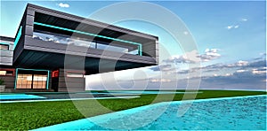 Futuristic upscale house constructed on the bank of the clear transparent river. Wide modern balcony above the entrance to the