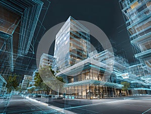 Futuristic urban architecture blending real and digital design elements