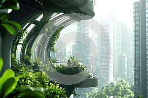 Futuristic Urban Balcony with Lush Greenery Overlooking Cityscape.