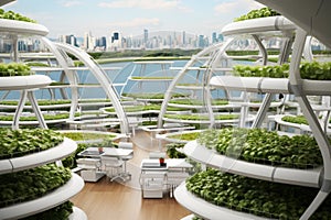 Futuristic urban farm. vertical farming and hydroponics maximize crop yield in limited space