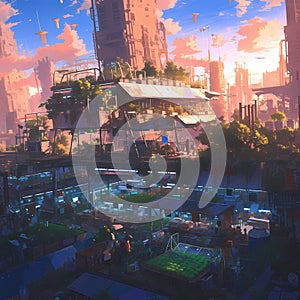 Futuristic Urban Farming Scene