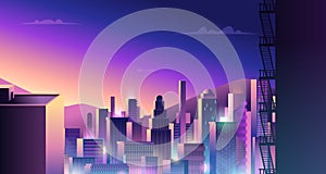 Futuristic urban landscape. Cyberpunk town with neon light and colored reflection digital city buildings vector